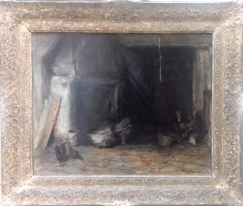 fig 1. An antique oil painting on wood panel depicting a dimly lit cottage interior with chickens in the foreground and figures working near a hearth.