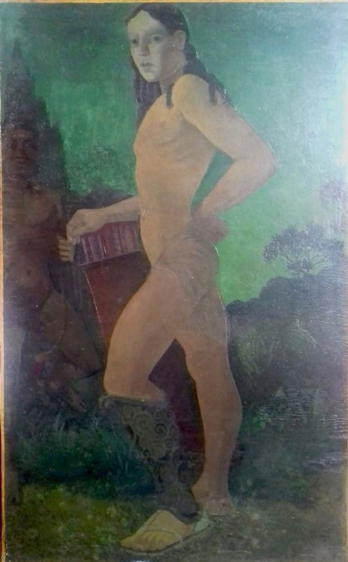 Large Male Nude, Mythological Warrior, Symbolist Antique French Oil on Canvas 
