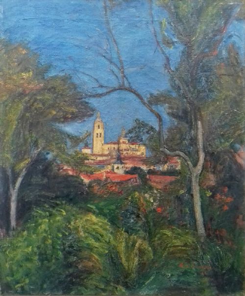 Fauve Hillside Village, 1932 Spain, Expressionist Southern Landscape by French René Thomsen Oil on Canvas