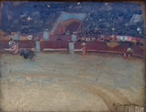fig 1. Pointillist Corrida, Provence South of France circa 1900 antique French oil on panel Feria Bullfighting