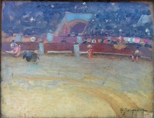 Pointillist Corrida, Provence South of France Circa 1900 Antique French Oil on Panel Feria Bullfighting