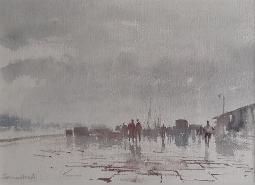 Masterpiece: Rainy Day on the Quay, Edward Seago Rba Arws Rws (1910-1974)  Marine Landscape Norfolk East Anglia Original Watercolour Exquisite Provenance
