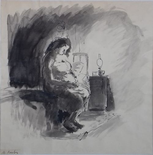 Reflection, the Pregnant Girl, Ca 1915 Camden Town Group Artist Maurice Asselin, Ink on Paper