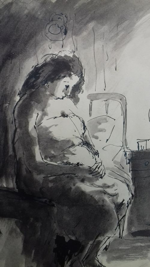 fig 1. Reflection, the pregnant girl, ca 1915 Camden Town Group artist Maurice Asselin, ink on paper