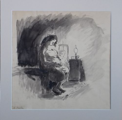 fig 5. Reflection, the pregnant girl, ca 1915 Camden Town Group artist Maurice Asselin, ink on paper