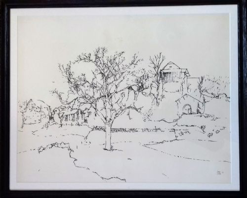 fig 1. Elegant Modernist tree study, farmhouses, mid 20th Century French ink line drawing