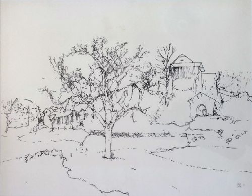 Elegant Modernist Tree Study, Farmhouses, Mid 20th Century French Ink Line Drawing