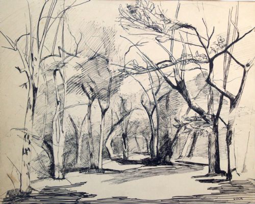 Elegant Cubist Tree Study, Ca 1940 French Prix De Rome Pierre Lucas (1913-78) Modernist Ink on Paper.