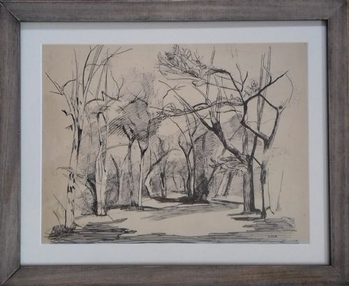 fig 1. Elegant Cubist Tree Study, ca 1940 French Prix de Rome Pierre Lucas (1913-78) modernist ink on paper.