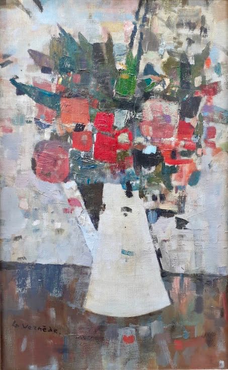Flowers in a Coffee Pot, Abstracted Floral Still Life, Life Affirming French Modernist Oil on Canvas, Wonderful Provenance