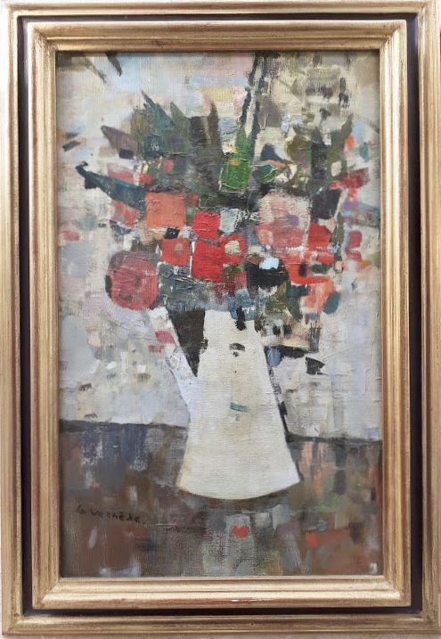 fig 1. Flowers in a coffee pot, abstracted floral still life, life affirming French modernist oil on canvas, wonderful provenance
