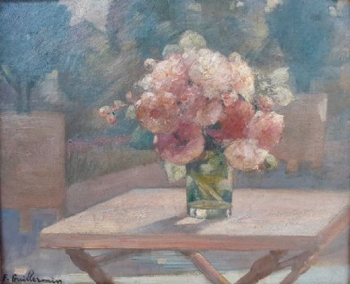 Flowers in a Garden Table Graceful Elegant 1920s Modernist French Lyons Floral Still Life Oil on Board