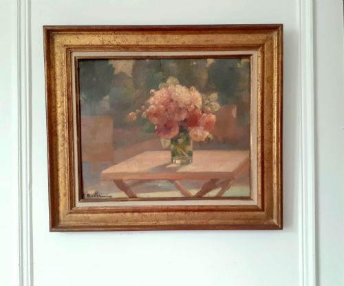 fig 3. Flowers in a garden table graceful elegant 1920s modernist French Lyons Floral Still Life oil on board