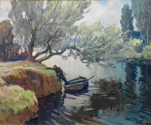Quiet Morning on the River, Water Landscape, French 1940'S Oil on Canvas by Gabriel Vie (1888-1973), the Angler's Return