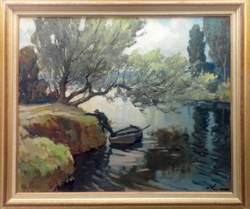 fig 1. Quiet morning on the river, water landscape, French 1940's oil on canvas by Gabriel Vie (1888-1973), the angler's return