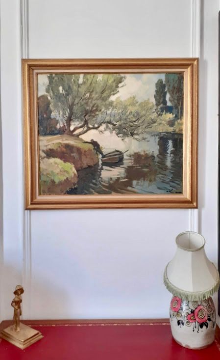 fig 2. Quiet morning on the river, water landscape, French 1940's oil on canvas by Gabriel Vie (1888-1973), the angler's return