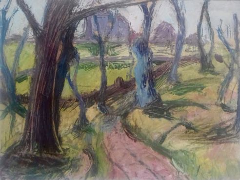 The Chestnut Trees, abstracted landscape, 1946, French modernist mixed media gouache on paper