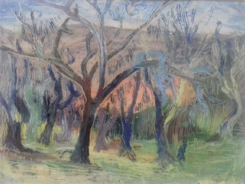 Abstracted Landscape, Trees, 1946, French Modernist Mixed Media Gouache on Paper