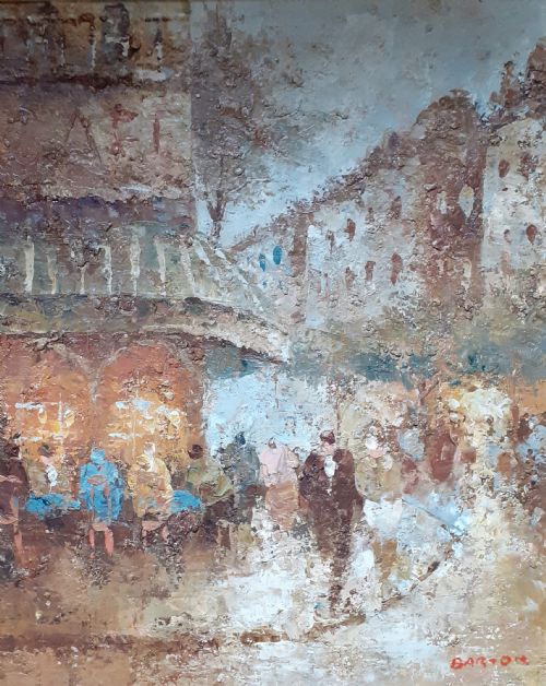 Cafe Society, Bustling City Street Scene Paris France Impressionist Oil on Canvas