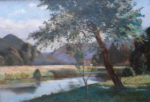 Peaceful River Landscape, 1901 Summer in the Voges Mountains, the Moselle Near Remiremont, French Antique Oil on Canvas