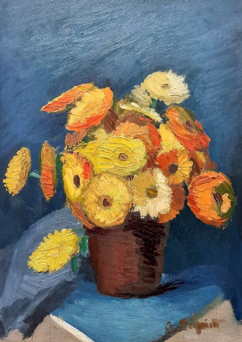 The Flower Pot, Exuberant Floral Still Life, Garden Flowers, Antique French Oil on Board
