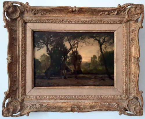 The Encampment: Mysterious Chiaroscuro Landscape Evocative French 19th Century Oil on Panel