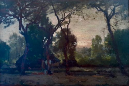 fig 1. The encampment: mysterious chiaroscuro landscape evocative French 19th Century oil on panel