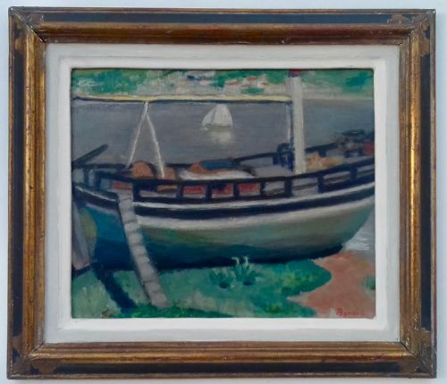 THE MOORED BOAT SUNNY CLIMES FRENCH ART DECO WATER LANDSCAPE CIRCA 1930 OIL ON BOARD - ADDITIONAL PHOTO 1