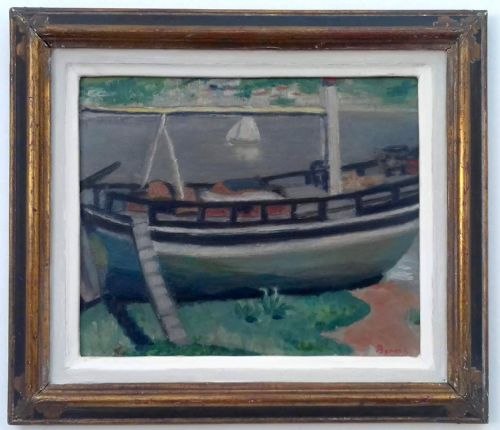 THE MOORED BOAT SUNNY CLIMES FRENCH ART DECO WATER LANDSCAPE CIRCA 1930 OIL ON BOARD - ADDITIONAL PHOTO 2