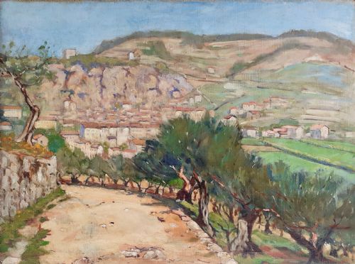Spring in Provence, Olive Trees, Hillside Village, the South of France, Antique French Oil on Canvas