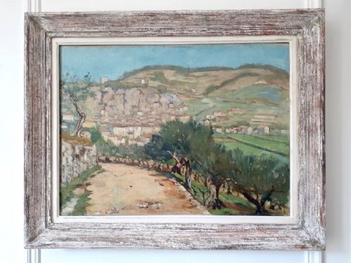 fig 1. Spring in Provence, Olive trees, hillside village, the South of France, antique French oil on canvas