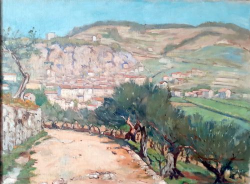 fig 2. Spring in Provence, Olive trees, hillside village, the South of France, antique French oil on canvas