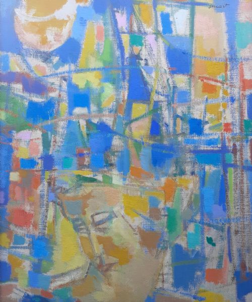 Colourist René Guast, Abstraction and Female Profile, Stained Glass Colours French Antique Oil on Canvas
