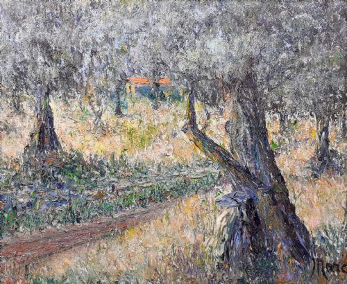 Olive Trees in Provence, French Post Impressionist Mediterranean Landscape Antique Oil on Canvas