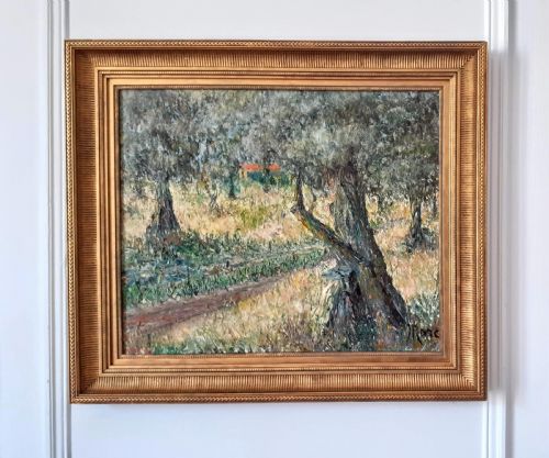 fig 1. Olive trees in Provence, French post impressionist mediterranean landscape antique oil on canvas