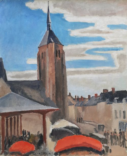 Market Day, Camden Town Group Futurist Modernist Composition, French Antique Oil on Canvas