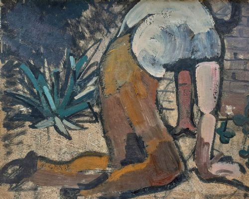 Down to Earth:  the Soil. Gardening Scene and Marine Landscape Double Sided Mystery Modernist Painting