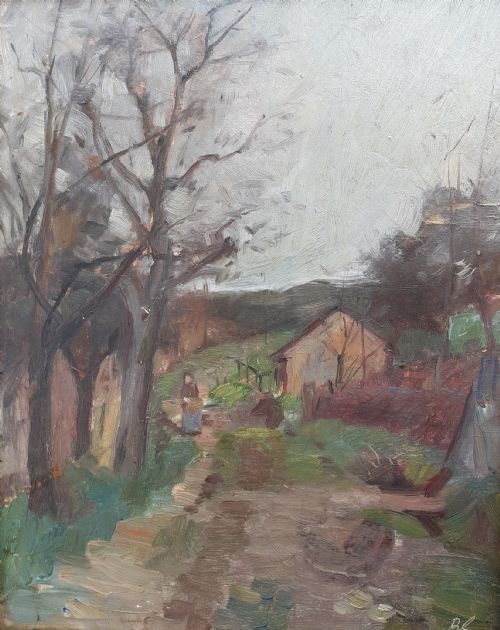 Figure on a Country Path, Winter 1912 Virtuoso Mystery French Landscape Oil on Board
