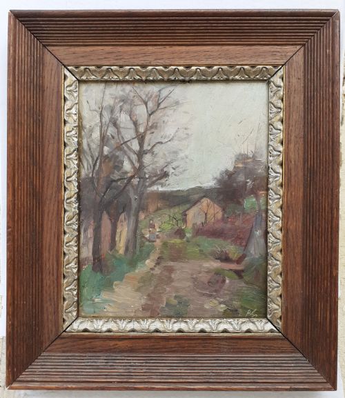 fig 1. Figure on a country path, winter 1912 virtuoso mystery French landscape oil on board