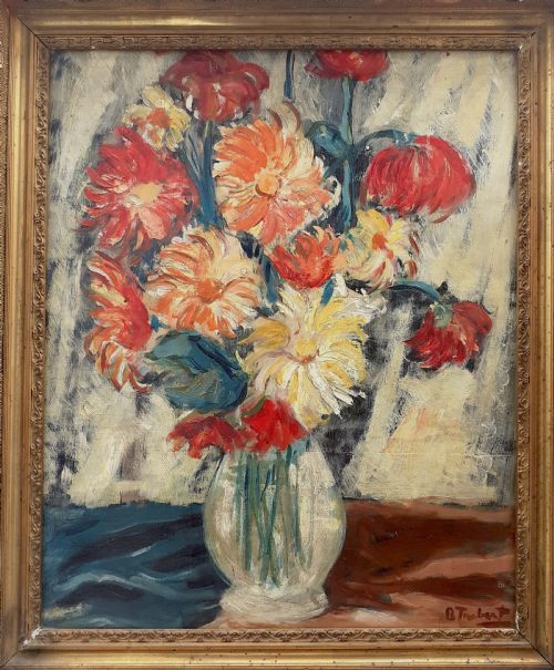 fig 1. Flowers, vibrant, sunny floral still life 1930s antique oil on board by French Italian Bertoldo Taubert