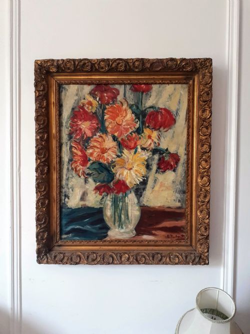 fig 2. Flowers, vibrant, sunny floral still life 1930s antique oil on board by French Italian Bertoldo Taubert