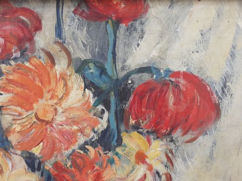 fig 3. Flowers, vibrant, sunny floral still life 1930s antique oil on board by French Italian Bertoldo Taubert