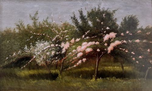 The Orchard, Trees in Bloom Antique French Art Nouveau Period Oil on Panel Landscape