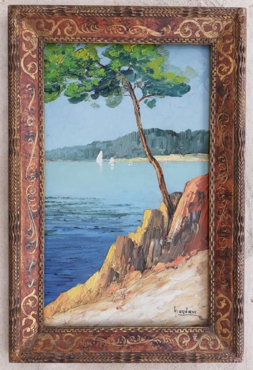 Cote D'azur Coast, Calanques, Pine Tree and Boats, Circa 1920, Southern French Riviera Oil on Board