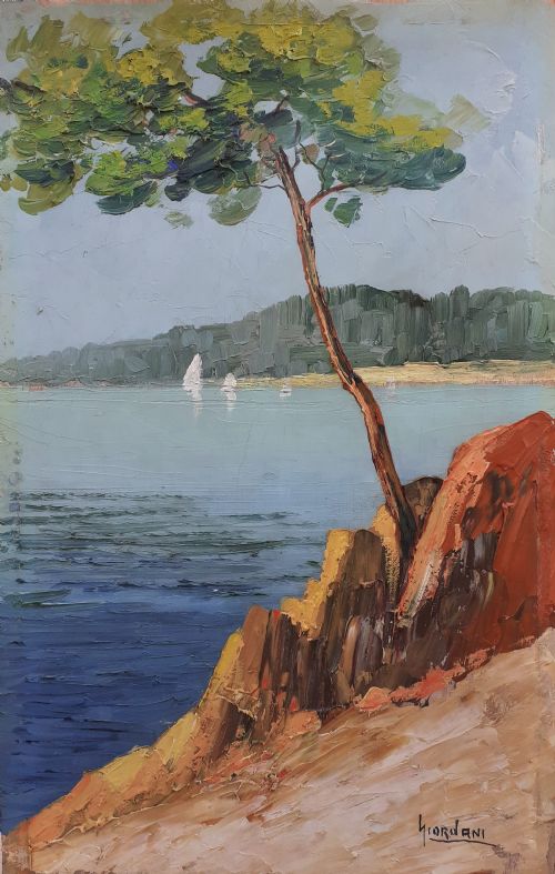 fig 2. Cote d'Azur coast, Calanques, Pine tree and boats, circa 1920, southern French Riviera oil on board
