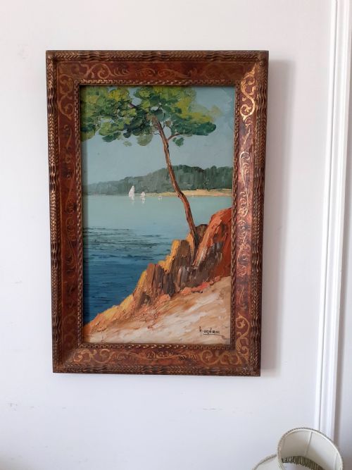 fig 4. Cote d'Azur coast, Calanques, Pine tree and boats, circa 1920, southern French Riviera oil on board