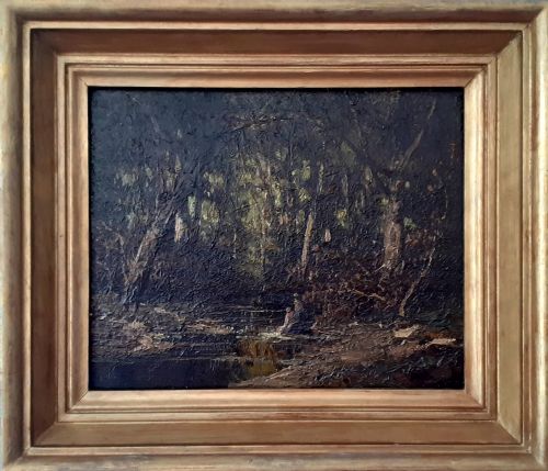The Washerwomen: Mysterious Chiaroscuro French Barbizon Forest Landscape Oil on Panel