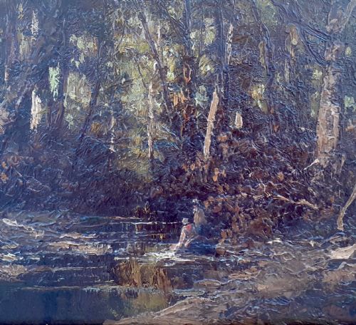 fig 1. The washerwomen: mysterious chiaroscuro French Barbizon forest landscape oil on panel