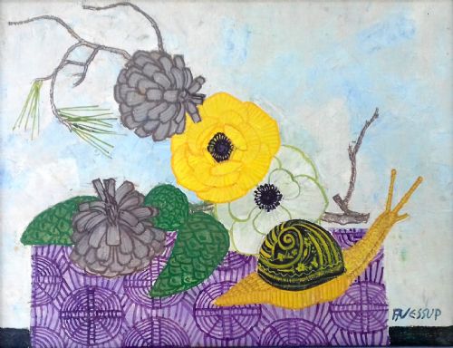 The Snobbish Snail: A Bright Colourful Modernist and Whimsical Oil on Canvas by Australian Frederic Arthur Jessup