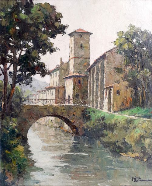 The South of France, Pyrenean Hillside Town Landscape Basque Country Medieval Saint Jean Pied De Port by André Beronneau Oil on Canvas